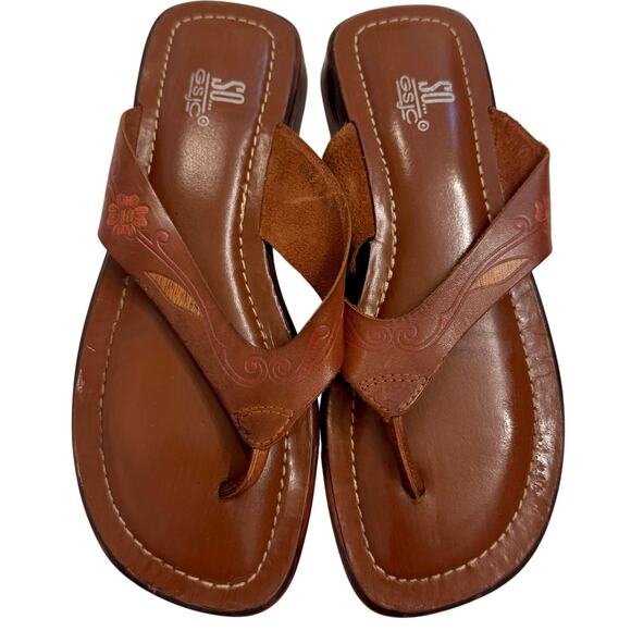 Y2K Vintage SO GSJC Women's Genuine Leather Flip Flops Size 6.5B Brown - Picture 1 of 5